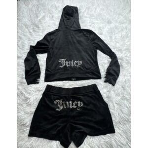 JUCY Black Velour Track Suit Tracksuit Set W/ Shorts Stone Sparkle Small New!